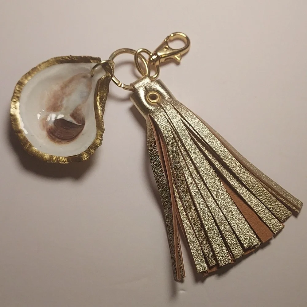 Oyster Shell Keychain Purse Charm With Leather Tassel Gold and White Coastal